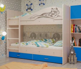 Кровать Мая-Сафари двухъярусная с ящикамиМлечный дуб/Голубой в Чите - chita.katalogmebeli.com | фото