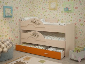 Кровать выкатная Радуга-Сафари детская 1600 Млечный дуб/Оранжевый в Чите - chita.katalogmebeli.com | фото